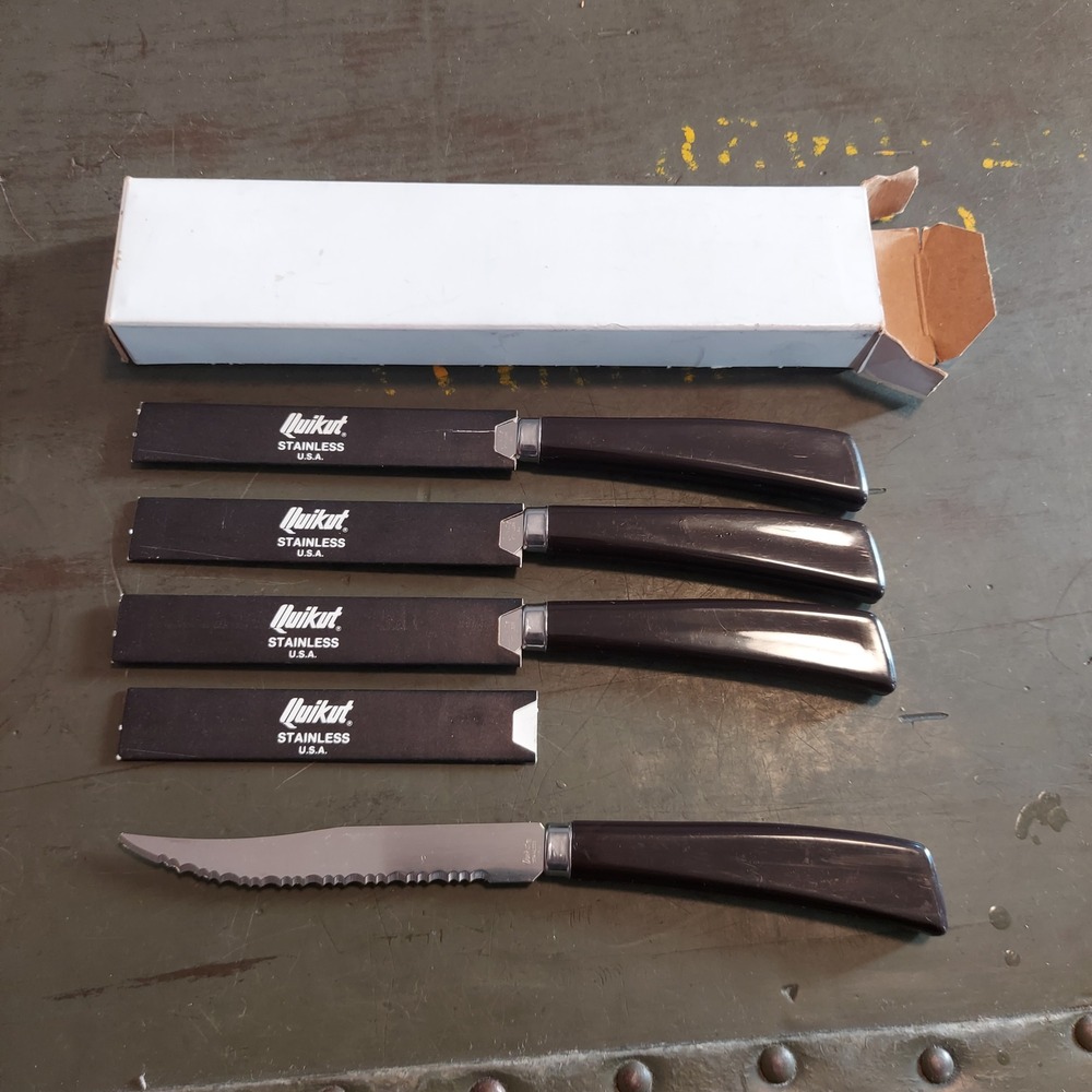 Quikut Stainless USA Steak Knife Set of 4 Dark Brown Handle 8 inch Serrated MCM
